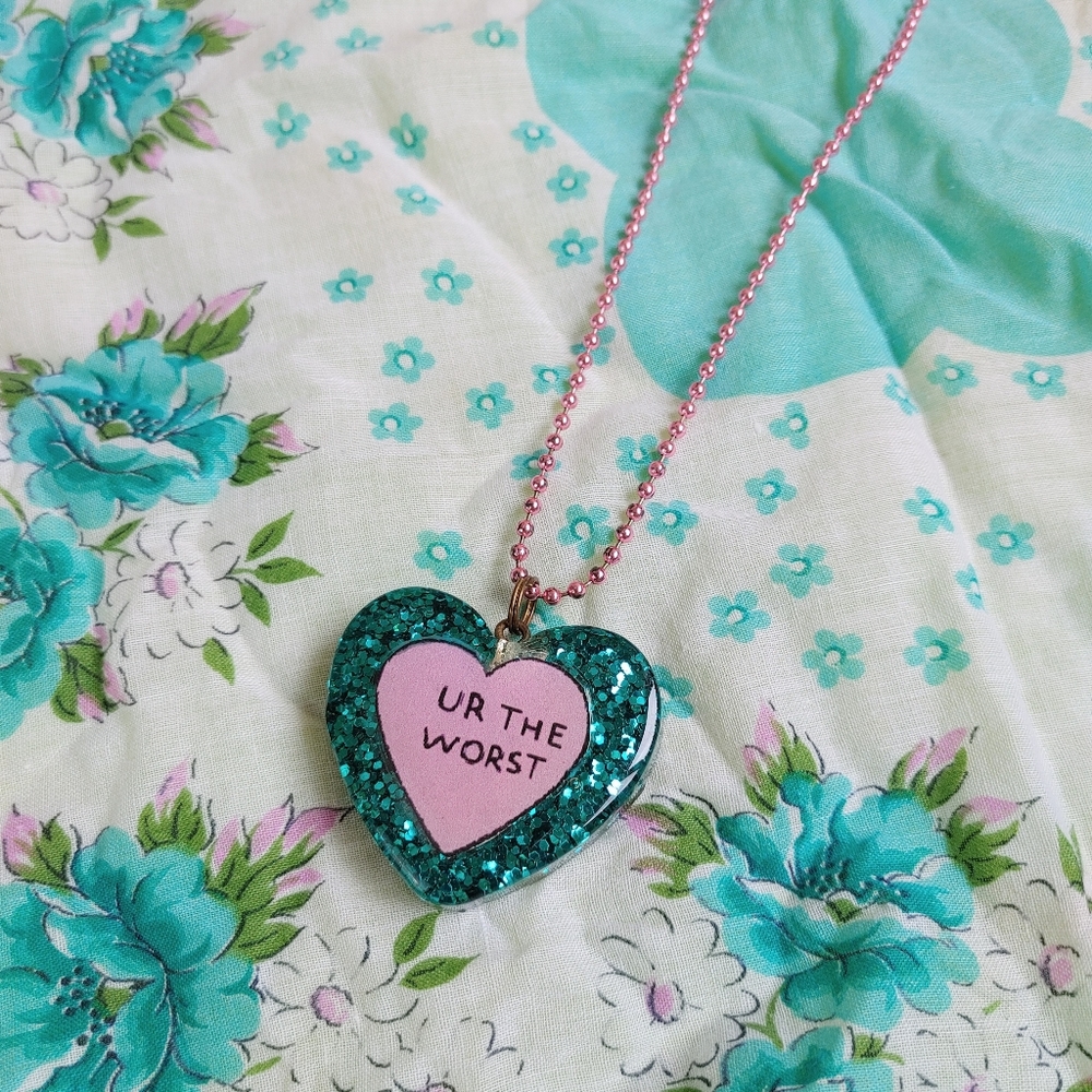 Retro 90s Ur The Worst Sparkly Resin Heart Necklace